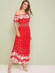 Floral & Polka-Dot Print Ruffle Trim Maxi Dress