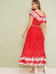 Floral & Polka-Dot Print Ruffle Trim Maxi Dress