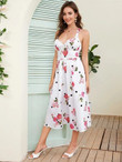 Women Floral Print Ruched Bust Criss Cross Back Cami Dress