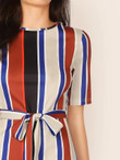 Self Belted Split Side Striped Dress