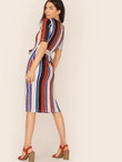 Self Belted Split Side Striped Dress