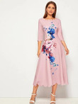 Scallop Trim Floral Print Fit And Flare Dress