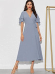 Solid Layered Sleeve Wrap Knotted Dress