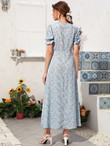 Women Lace Panel Puff Sleeve Ditsy Floral A-line Dress