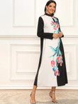 Mock-Neck Floral Print Color-Block Dress