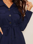 Button Front Drawstring Waist Midi Shirt Dress