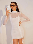 Women Mock Neck Double Drawstring Sheer Mesh Bodycon Dress With Lined