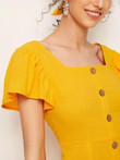 Square Neck Button Front Shirred Dress