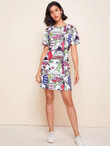 Women Pop Art Print Short Sleeve Tee Dress