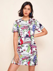 Women Pop Art Print Short Sleeve Tee Dress