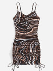 Women Marble Print Drawstring Ruched Front & Hem Bodycon Dress