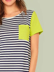 Pocket Patched Contrast Sleeve Striped Tee Dress