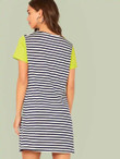 Pocket Patched Contrast Sleeve Striped Tee Dress