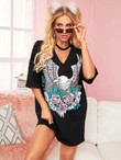 Women Keyhole Neck Floral and Eagle Print Tee Dress
