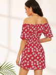 Off Shoulder Floral And Polka Dot Print Dress