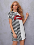 Women Sequin Lip Stripe Print Tee Dress