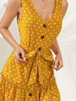 Women Polka Dot Button Front Self Tie Ruffle Hem Dress