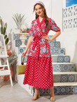 Women Floral & Polka Dot Print Belted Dress