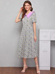 Women Contrast Collar Puff Sleeve Self Belted Ditsy Floral Dress