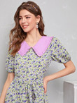Women Contrast Collar Puff Sleeve Self Belted Ditsy Floral Dress