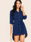 Solid Button Front High Low Hem Belted Dress