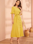 Button Front Flounce Sleeve Belted Dress