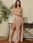 Split Thigh Bardot V-Bar Sequin Maxi Dress