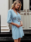 Simplee Button Front Surplice Neck Ring Belt Dress