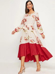 Contrast Dip Hem Floral Print Self Belted Dress