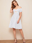 Bardot Grid Print Peekaboo Front Fit & Flare Dress