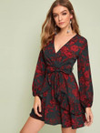 Floral Print Ruffle Trim Belted Dress
