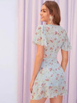 Covered Button Front Petal Sleeve Floral Dress