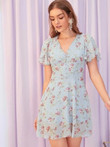Covered Button Front Petal Sleeve Floral Dress
