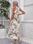 Women Botanical Print High Split Hem Self Belted Halter Dress