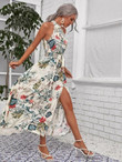 Women Botanical Print High Split Hem Self Belted Halter Dress