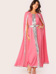 Neon Pink Contrast Sequin Split Hem Cape Dress