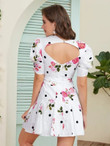 Women Floral Print Cut Out Back Belted Dress
