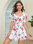 Women Floral Print Cut Out Back Belted Dress