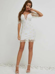 Women SBetro Puff Sleeve Lace Up Knot Daisy Floral Embroidery Mesh Dress