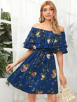 Women Floral Print Layered Ruffle Trim Bardot Dress