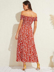 Ditsy Floral Print Split Thigh Shirred Bardot Dress