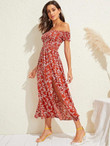 Ditsy Floral Print Split Thigh Shirred Bardot Dress