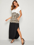 Colorblock Leopard Panel Slant Pocket Split Hem Dress
