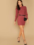 Mock-Neck Leg-Of-Mutton Sleeve Rib-Knit Bodycon Dress Without Bag