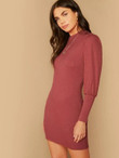 Mock-Neck Leg-Of-Mutton Sleeve Rib-Knit Bodycon Dress Without Bag