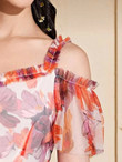 Women Cold Shoulder Floral Mesh Overlay Belted Dress