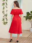 Women Bardot Shirred Flutter Sleeve A-line Dress