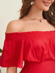 Women Bardot Shirred Flutter Sleeve A-line Dress