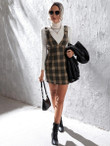 Women Plaid Grommet Buckled Wool-Mix Overall Dress Without Sweater