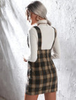 Women Plaid Grommet Buckled Wool-Mix Overall Dress Without Sweater